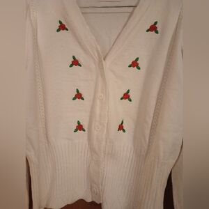 Women's white cropped knit cardigan red floral embellishments button front